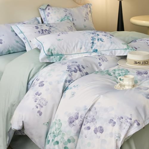 VM VOUGEMARKET Green Purple Duvet Cover Set Queen,3 Pieces Branch Leaves Duvet Cover with 2 Pillow Shams 100% Cotton Botanical Bedding Set-Queen,90x90 Inch