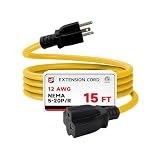 EP 15 Ft 12 Gauge Outdoor Extension Cord with T-Blade Plug, Heavy Duty NEMA 5-20 P/R Power Cord, 20A 125V 12/3 SJTW Cable for Lawn, Garden, Appliance, Yellow