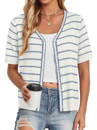 COCCKO Womens V Neck Summer Striped Cardigan Puff Sleeve Ruffle Lightweight Knit Sweaters Open Front Button Down Tops Blue M — view 3