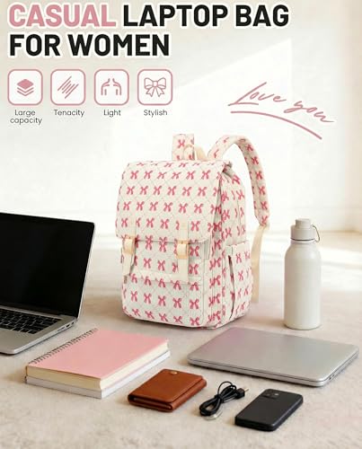 Image of Corduroy Laptop Backpack for Women, Fits 15.6 Inch Computer Bag, College Bookbag Travel Daypack Purse, Work Business Bags - Corduroy Bow Pink