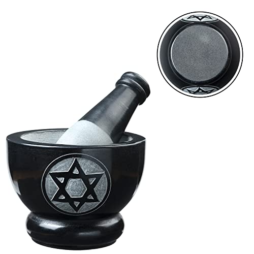 Crocon Black Marble Mortar And Pestle Set With Star Of David Symbol Hand Grinder Set For Herbs Spices Pastes Pesto Natural Handmade Crusher Stone 4 Inch For Kitchen Essential Best Gift #TOP5