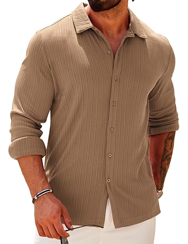 COOFANDY Men's Athletic Fit Dress Shirts for Men Ribbed Knit Fall Fashion Textured Button Up Shirts Slim Fit Wrinkle-Free Untucked Shirt Tan Light Brown Large