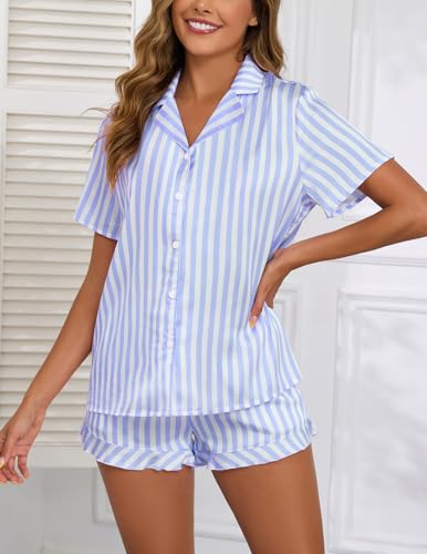 Image of Veseacky Women Satin Pajamas Set 2 Piece Button Down Short Sleeve Soft Sleepwear with Pockets