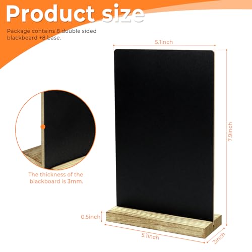 Neworkg 8 Pack Chalkboard Sign with Wood Base, Tabletop Message Board Sign for Wedding, Restaurant and Party Decoration, 5.1x7.9 Inches