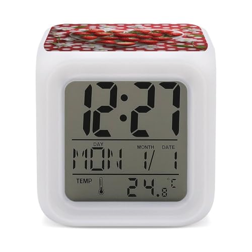 Image of VstaDank A Plate of Strawberries Alarm Clock with 7 Color Changing Night Light Date Temp Display Wake Clocks LED Display Digital Clock Electric Desk Clocks for Living Office Bedroom Decor