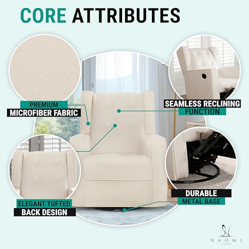 Naomi Home Relieve Muscle Aches with Nursery Glider, Upholstered Rocker Recliner Rocking Breastfeeding Maternity Chair with 360° Swivel, Soft Cushions for Nursing and Bonding, Reclining Chair - Cream