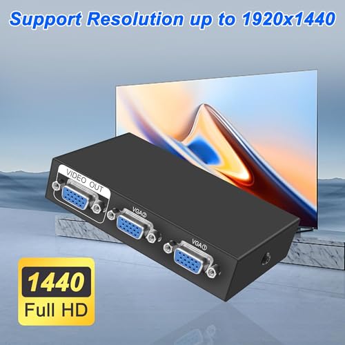 XMSJSIY VGA Switch Box 2 in 1 Out VGA Audio Video Switcher Splitter Dual Monitor 1080P 2 Port VGA Video Sharing Selector Adapter Support VGA, XVGA, SVGA, UXGA VGA Monitor Switch for PC, Projector, TV - Thumbnail 5