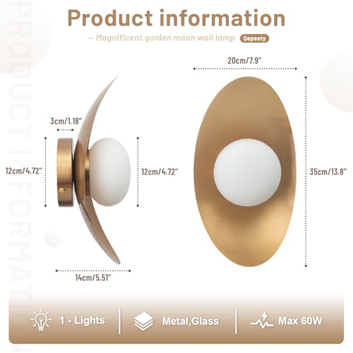 Image of Mid Century Gold Wall Sconce, 13.8 inch Modern Wall Lamp with Opal White Glass Globe, Retro Pendant Light for Living Room Entryway Vanity Bedroom