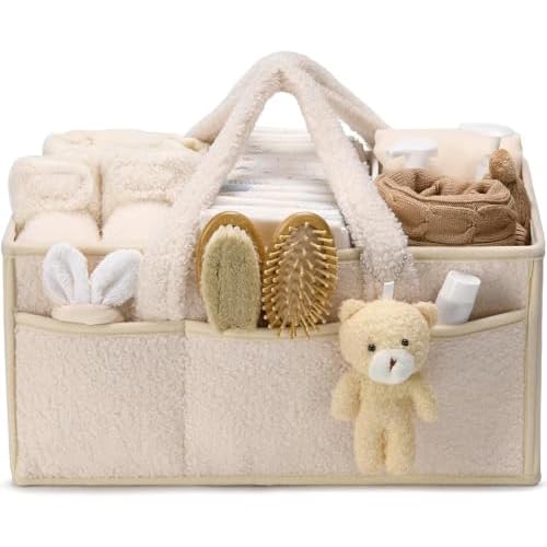 Baby Diaper Caddy Organizer with Sherpa Exterior & Teddy Charm for Nursery