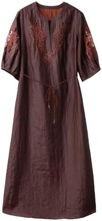 HangErFeng Midi Dress Women Premium Silk Hollow Embroidery Puff Sleeve Brown 5055 image 5