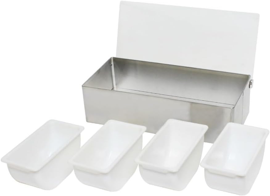Soro Essentials- 4 Compartment Stainless Steel Condiment Dispenser Open Bottom No Ice Tray- Condiment Dispenser for Bartending Taco Bar Ice Cream Fruit Salad Bar Topping Organizer for Restaurant