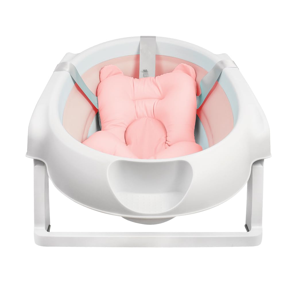 Babywanne mit Ständer Faltbare Baby Badewanne Set mit Gestell - Tragbare Rutschfeste Wanne für Neugeborene bis 3 Monate - Stützkissen inklusive-66 * 61 * 82cm – rosa