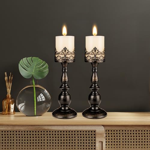 Kerzenhalter für Stumpenkerzen, Gothic, Mattschwarz, Vintage-Kerzenhalter, 2 Stück, dekorativ, groß, Tafelaufsätze, Kerzenständer, Dekoration (Used-Look, Schwarz, 2 Stück A) – Bild 5