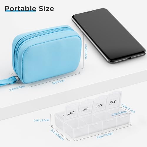 Image of Zannaki Cute Pill Organizer for Purse with Two Removable 7-Day Pill Box, Travel PU Leather Pill Case, Portable Weekly Pill Container with Storage Bag to Hold Vitamins, Fish Oils, Supplements (Blue)