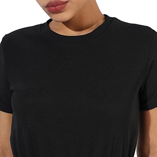 Image of Campus Sutra Women's Solid Black Crewneck Short Sleeve Regular Fit Co-Ords Set for Casual Wear | Clothing Set Crafted with Comfort Fit and High Performance for Everyday Wear