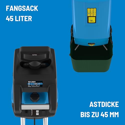 Güde Gartenhäcksler GH 2501 (2500 W, Messertechnik, wartungsarm, Selbsteinzug, Transporträder, Überlastsicherung, max. Astdicke 45 mm, inkl. Fangsack 45 L und Zuführhilfe)