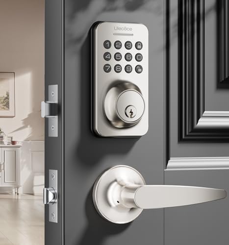 Ulecoce Door Locks for Entry Door with Door Handles, Smart Lock, Keypad Deadbolt for Front Door Lock, Auto-Lock+ One-Touch Lock, 512 Codes+ 15-Min Easy Install, Ideal for Airbnb/Homes/Offices, Silver by Ulecoce - Used condition - CA$38.40