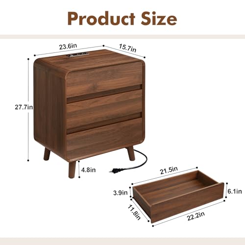 Image of Nasonet Nightstand with Charging Station, Large Mid Century Modern Nightstand with 3 Drawers, Wood Bedside Table for Bedroom, Curved Beveled Design, Walnut
