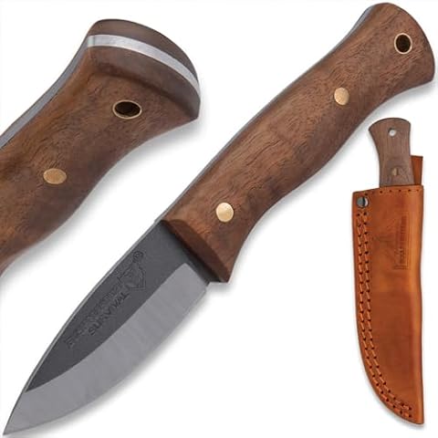 Bushmaster Bantam Bushcrafter Knife and Sheath | 2 7/8" 1095 Carbon Steel Blade | Zebra Wood Handle | Brass Pins | Full Tang Design | Premium Leather Belt Sheath | Overall Length 7" Cover