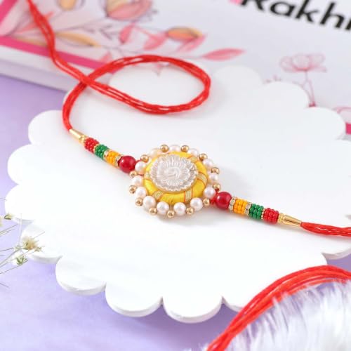 Image of ascension Fancy Handmade Couple Rakhi for Bhaiya Bhabhi Sister in Law with Pearl Work & Red Thread Bracelet Rakhi Combo for Raksha Bandhan with Roli Tilak & You are My Hero Fridge Magnet