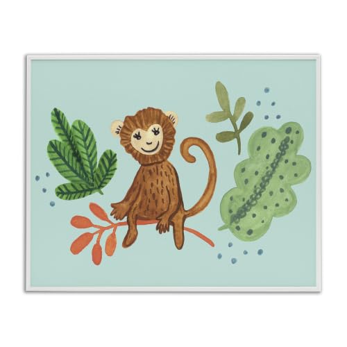 'Cute Monkey Sitting Plants Leaves Illustration'| Framed Giclee Art