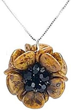 Handmade Straw and Black Glass Bead Flower Pendant Necklace on Sterling Chain