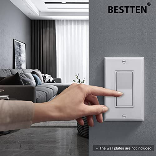 [10 Pack] Bestten Single-Pole Snow White Decorator Wall Light Switch, 15A 120V, On/Off Rocker Interrupter, Ul Listed #TOP5
