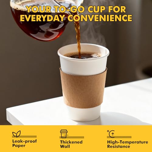 RACETOP 16 oz 100 pack Coffee Cups with Lids and Kraft Sleeves, Disposable Paper Coffee Cups, Hot Coffee cups, Ideal for Hot Beverage by RACETOP - Image 5