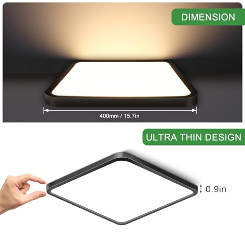 15.7Inch 32W Square LED Ceiling Light Fixtures Flush Mount, 2800K Warm White LED Ceiling Lamp, Surface Mount Modern Ceiling Lights, Black Slim Flat Panel Lighting for Bedroom, Kitchen, Bathroom by LightingWill - Used condition - Image 4