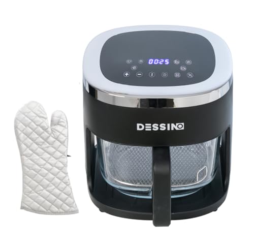 DESSINO Freidora de Aire Digital Sin Aceite 4,2L,Sin Precalentamiento y Desconexión Automática,Cesta de Cristal con Visión 360°,Pantalla Táctil,Capacidad 5-6 Raciones,6 programas,Limpieza Fácil,1300W
