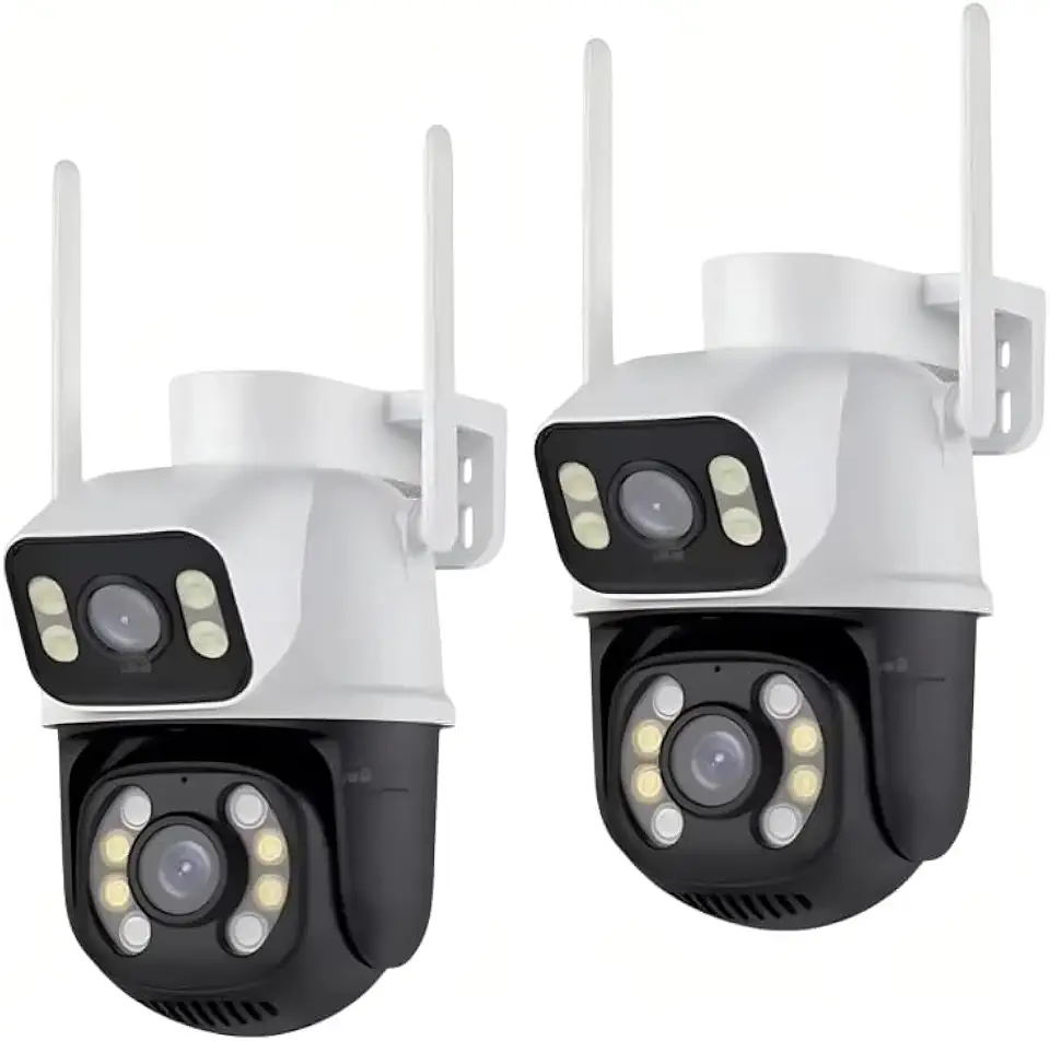 Kit 2 Câmeras Segurança WiFi A28 Externa Dupla Lente 3MP HD IP66 à Prova D’Água com Visão Noturna Colorida e Infravermelha, Áudio Bidirecional, Detecção Movimento, Controle Remoto via App Rotação 360