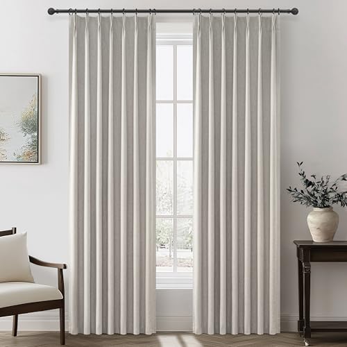 Image of Grey Beige Viral Thick Linen Blackout Curtains 90 Inches Long for Bedroom /Dining Room 2 Panels Set, Neutral Pinch Pleated Melange Energy Efficient Sunblock Drapes with White Backing (40 inchWx90 inchL)