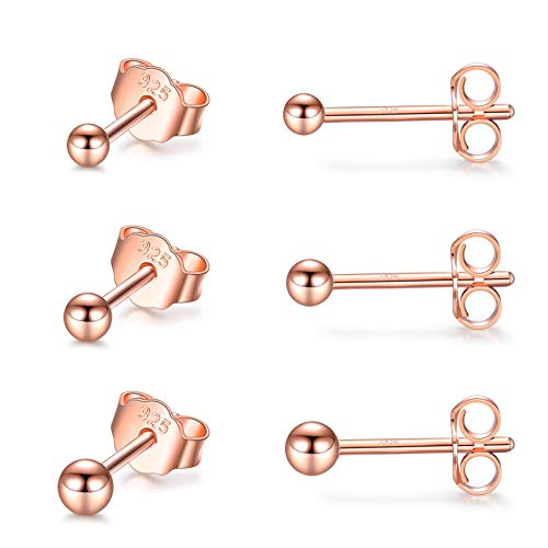 CERSLIMO Silver Stud Earrings for Women Men Girls, 3 Pairs Sterling Silver Tiny Ball Stud Earrings Small Dot Studs Dainty Cartilage Tragus Sleeper Earrings Set (2mm/3mm/4mm, Silver/Gold/Rose Gold)
