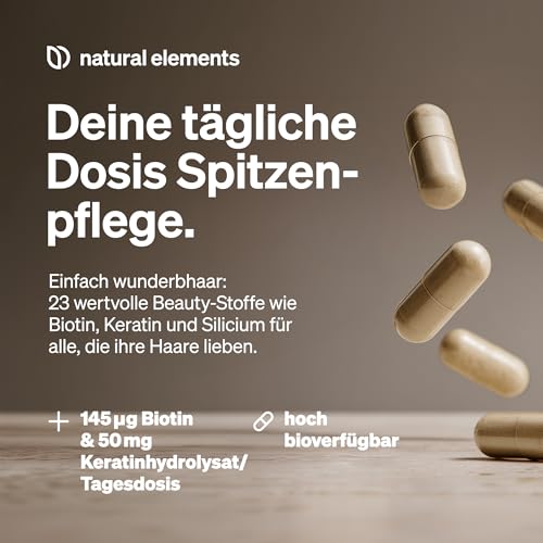 natural elements Haar Vitamine – 180 Kapseln – hochdosiert mit Keratinhydrolysat, Biotin, Selen, Zink, Hirseextrakt, B-Vitaminen & mehr – für Haare, Haut & Nägel* – laborgeprüfte Qualität