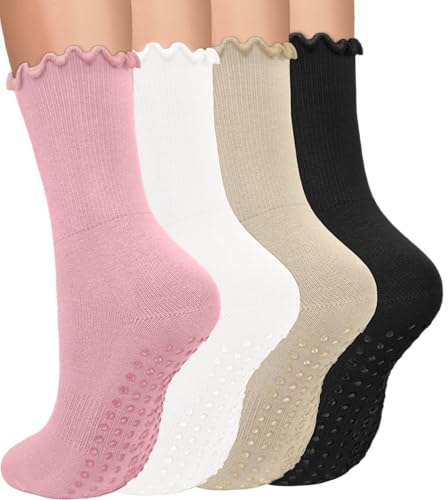 Image of yeuG Pilates Socks with Grips for Women Non Slip Grip Crew Socks with Ruffle for Yoga, Barre, Barefoot Workout Cute Grippy Socks