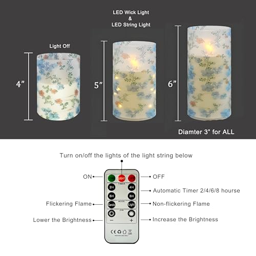 Image of Flickering Flameless Candles Vintage Blue Floral Print, Embedded Star String Lights, Battery Operated Acrylic LED Pillar Candles with 11-Key Remote and Timer for Home Decoration, 3 Pack