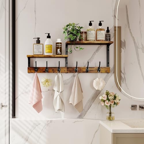 Homeiju 28.7\" Coat Rack Wall Mount with Shelf, Key Hooks for Wall with Shelf, Coat Hooks Wall Mounted with 6 Heavy Duty Double Hooks for Bedroom,Living Room, Rustic Brown - Thumbnail 5