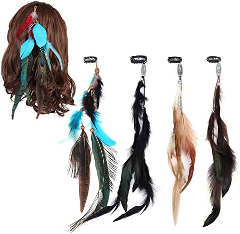 Feather Hair Clips Boho Hair Extensions Gypsy Headpiece Carnival Party Indian Peacock Hair Accessories for Lady Women Girl 4 PCS