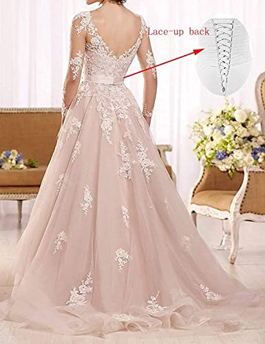Gdianz Champagne V Neck Long Wedding Dresses For Women Ball Gown Layer Tulle Lace Beaded Bridal Gowns With Sleeves Size 4 #TOP1
