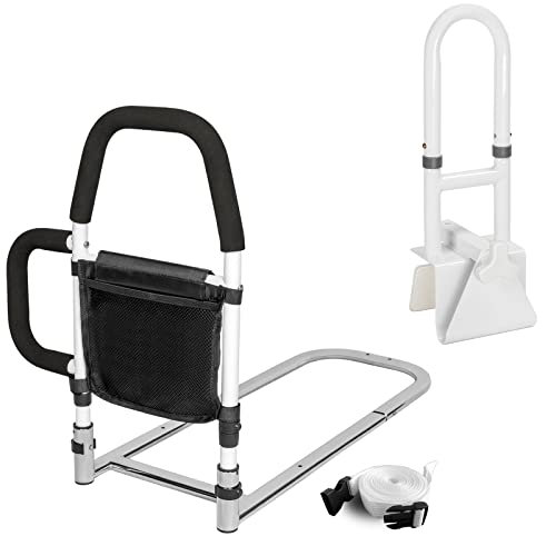 Rieles de cama para adultos mayores con bolsillo de almacenamiento y riel de seguridad ajustable para bañera para personas mayores, riel auxiliar de cama con barras de agarre dobles para entrar y sa
