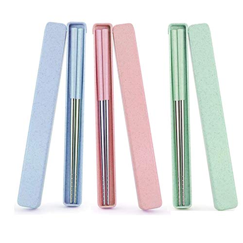 3PCS Portable Chopstick with Case,8.2in Stainless Steel Reusable Chopsticks for Kitchen Dinner CampingTraveling (Green +Blue+Pink Chopstick)