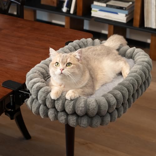 Cheerpals Cat Desk Bed & Table Perch - Foldable Clamp-On Hammock for Indoor Cats Sturdy Metal Frame with Reversible Winter Plush & Summer Mesh Seat Space Saving Hanging Lounger Washable Cover