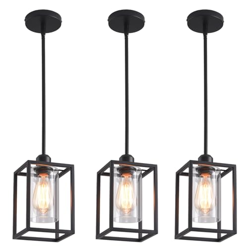 AOJUNSANSAN 3 Pack Stem Rod Black Pendant Lights for Kitchen Island Industrial Lantern Pendant Light Fixtures with Clear Glass Shade, Farmhouse Adjustable Height Hanging Pendant Lighting