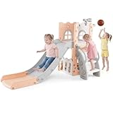 OLAKIDS Toddler Slide, 6 in 1 Kids Indoor Outdoor Playground with Climber Basketball Hoop Telescope Toy Storage for Boys Girls Aged 1+ (Pink)