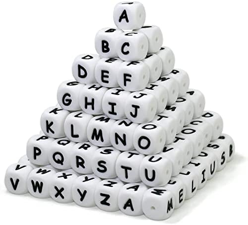 Melius 110Pcs Silicone Letter Beads 12mm A-Z (Extra for Vowel Letter) Even and Accurate Square Letters Beads for Bracelet Stethers Key Chains Necklace Lanyards (White)
