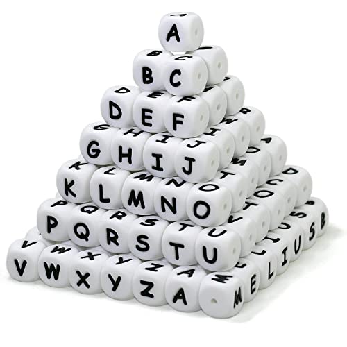 Melius 110Pcs Silicone Letter Beads 12Mm A-Z (Extra For Vowel Letter) Even And Accurate Square Letters Beads For Bracelet Stethers Key Chains Necklace Lanyards (White) #TOP2