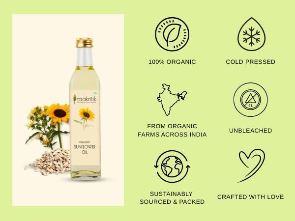 Image of Praakritik Cold Pressed Sunflower Oil 1L, Cold Pressed, Pure & Natural, Zero Chemicals, Ideal for Cooking & Frying, Unrefined & Preservative-Free (Pack of 2)