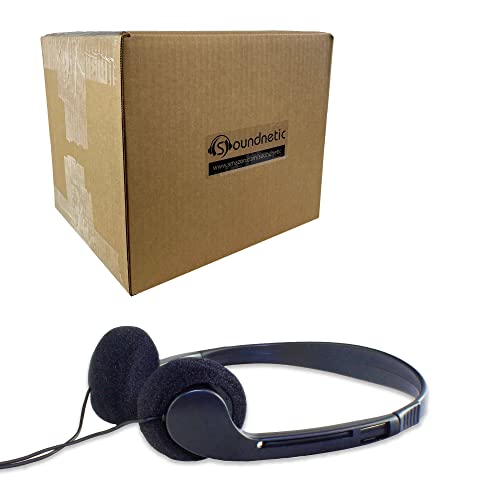 Soundnetic SN09 Bulk Headphones 100 Pack Disposable Stereo Classroom Headphones Black Affordable for Schools Testing Libraries