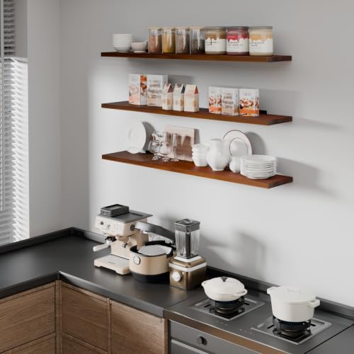 Image of 48 Inch Long Floating Shelf for Wall, 3 Tier Solid Wood Floating Book Shelf,Walnut Large Wall Shelf with Heavy Duty Brackets,Floating Bookshelf for Living Room
