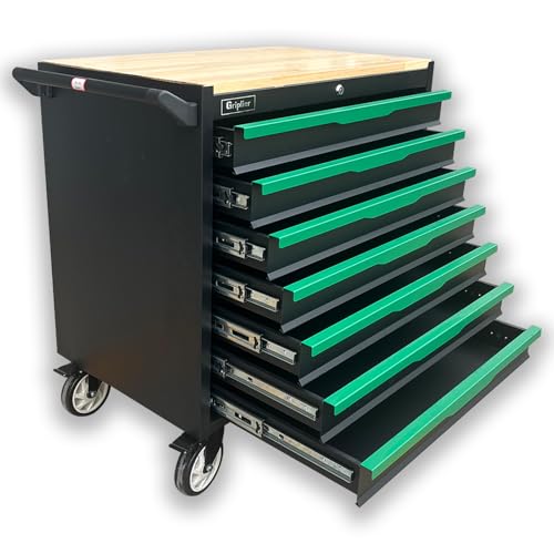 Griplier Werkstattwagen, 7 Schubladen,Bremsrad,Schwarz-Grün, Schwerlast Rollbar mit Holzarbeitsplatte,79.5 x 48 x 82cm,Belastung 300kg(7 Schubladen)